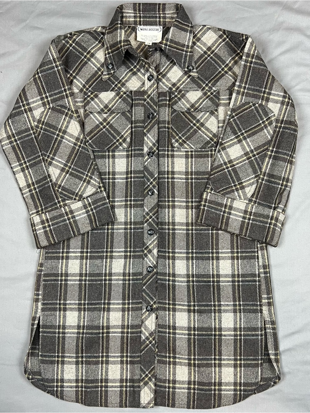 WAYNE ROGERS Vintage Women’s Wool Flannel Mini Shirt Dress Brown/Khaki (7/8)